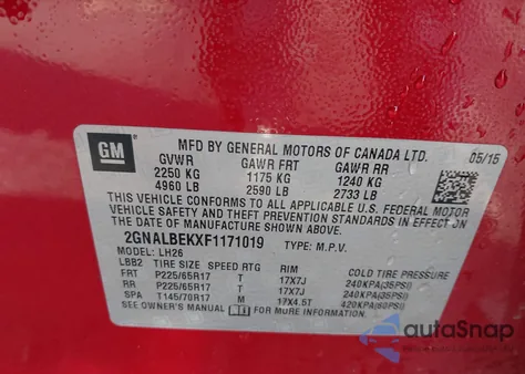 2015 Chevrolet Equinox 1Lt z USA, uszkodzony, nr VIN 2GNALBEKXF1171019